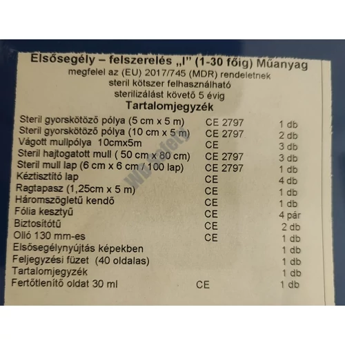Munkahelyi elsősegély felszerelés I. típus 30 főig