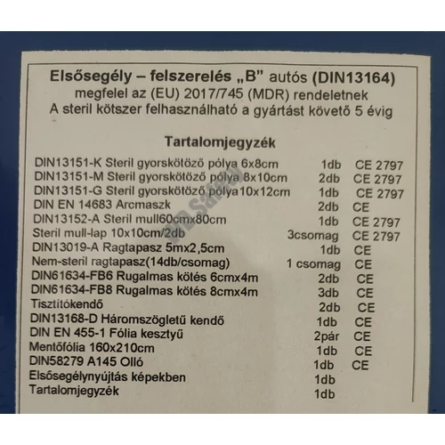 Elsősegély doboz (mentőláda) B. típusú személygépkocsihoz